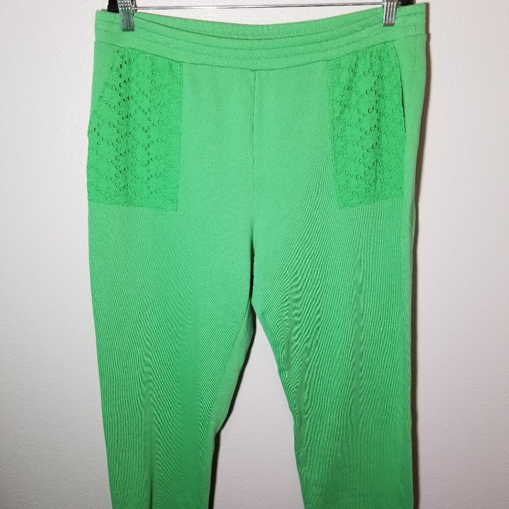 Susan Graver Weekend Terry Crop Pants Fringe Hem Spring Green Size Large